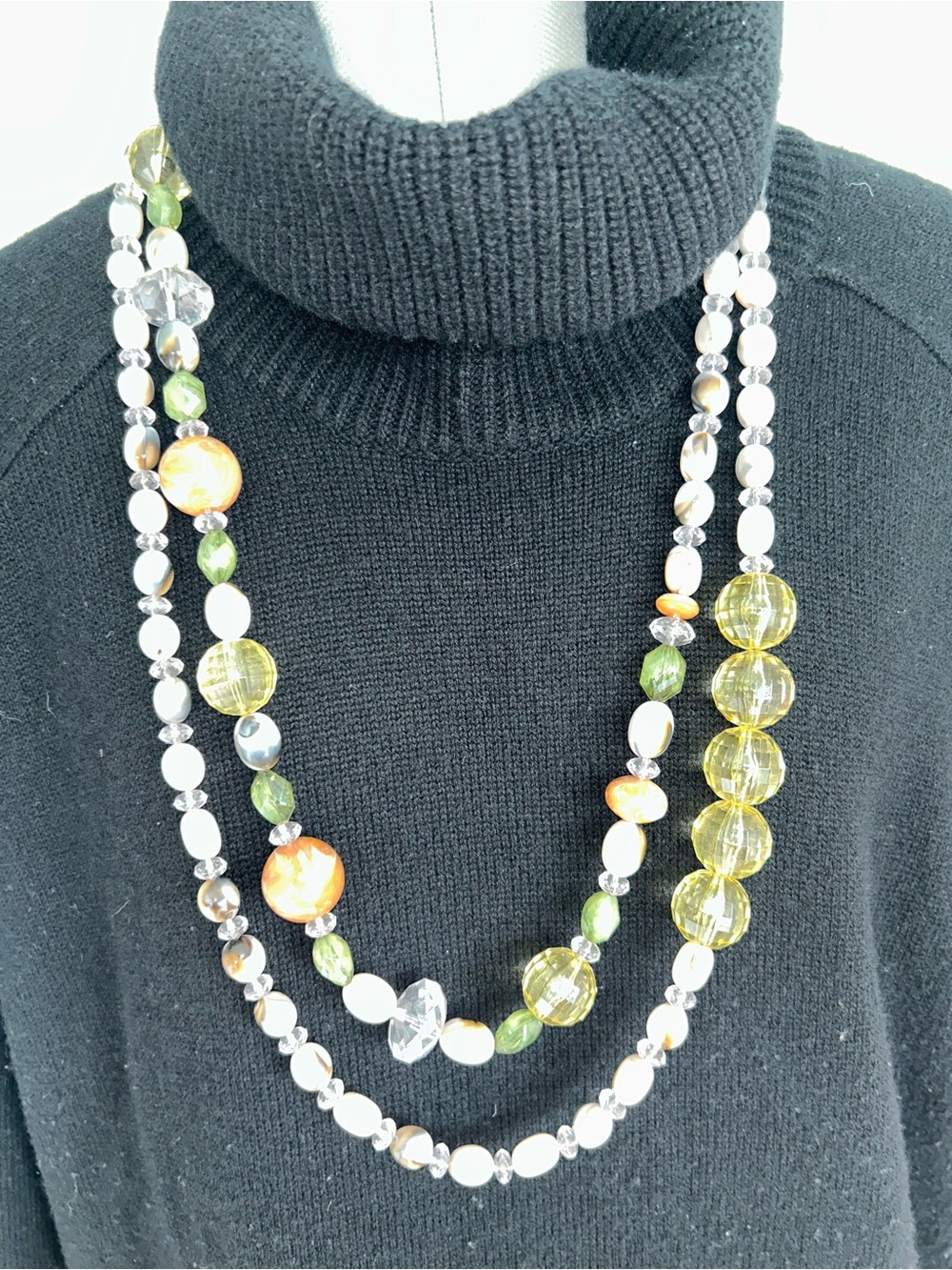 Multicolor Beaded Layered Necklace - Green, Yellow & White